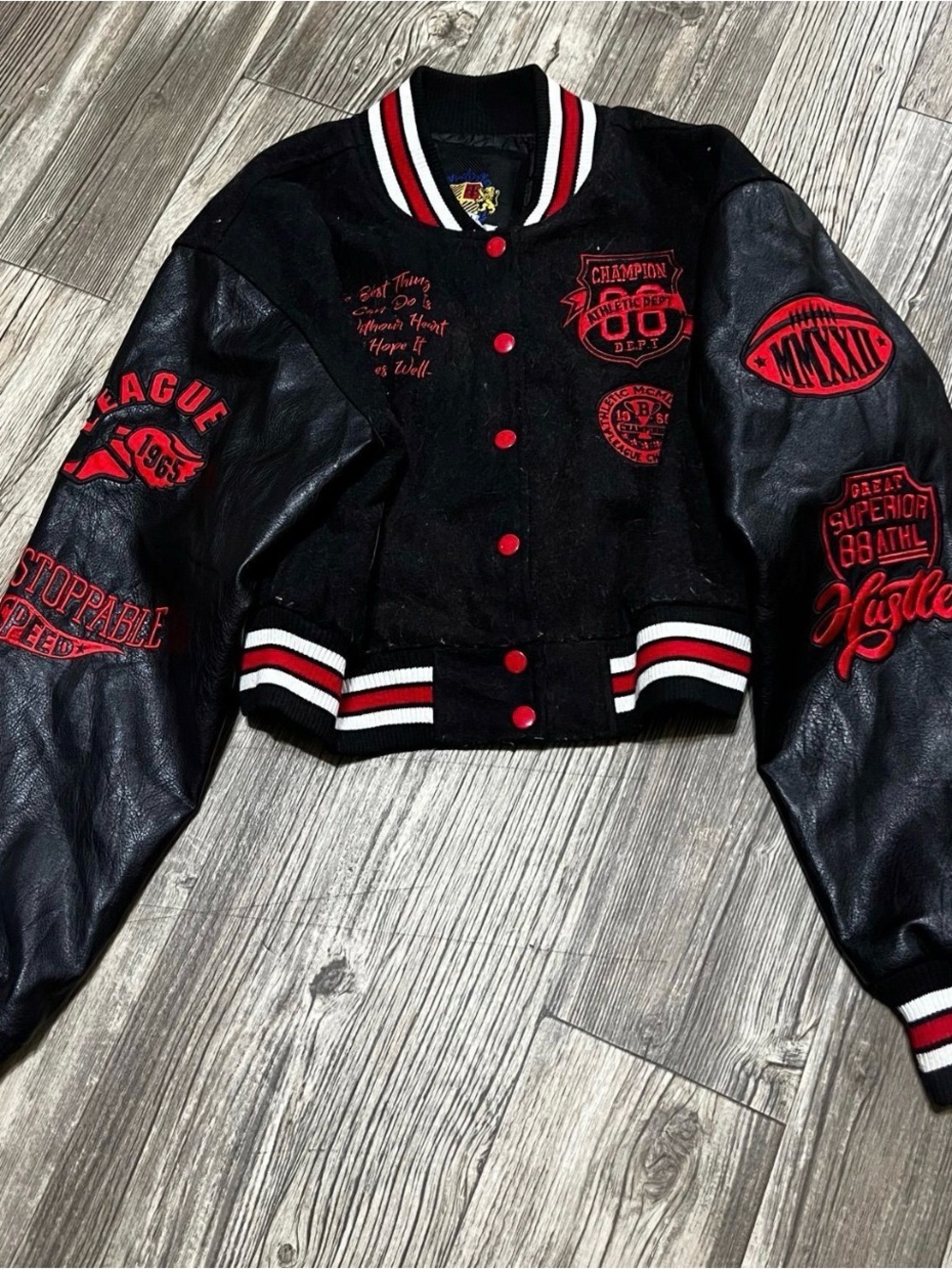 Women's Black & Red Cropped Varsity Jacket - Embroidered Letterman